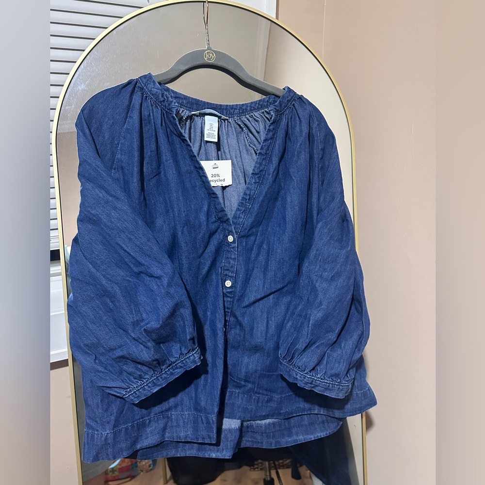 H&M Blue Denim Button-Up Blouse Sz L